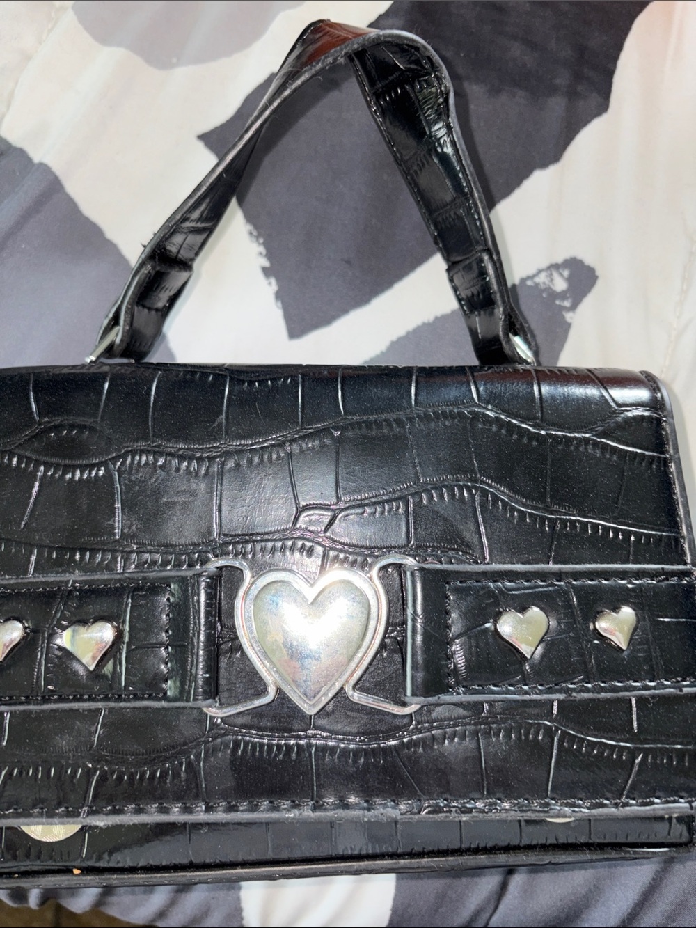 Black Croc-Embossed Heart Accent Shoulder Bag